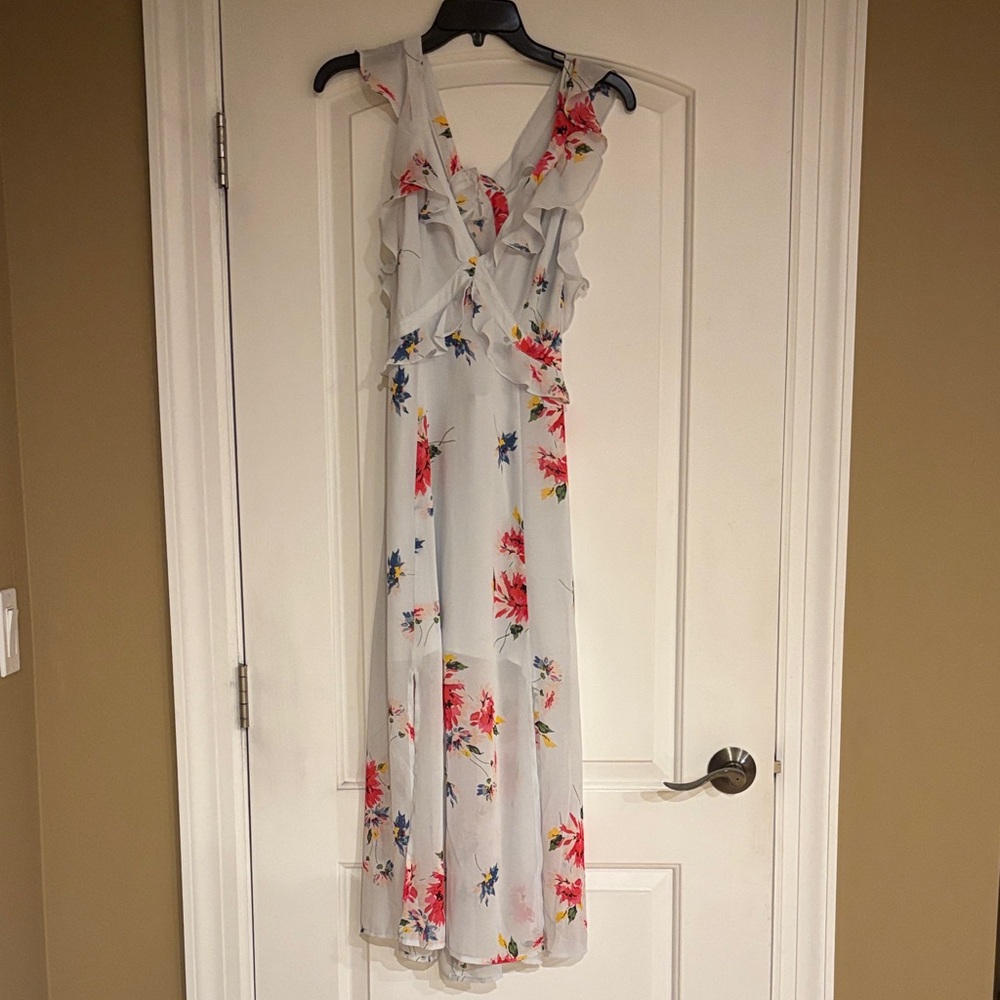Astr pale Blue Floral Ruffle Maxi Dress with Partially Open Back Medium